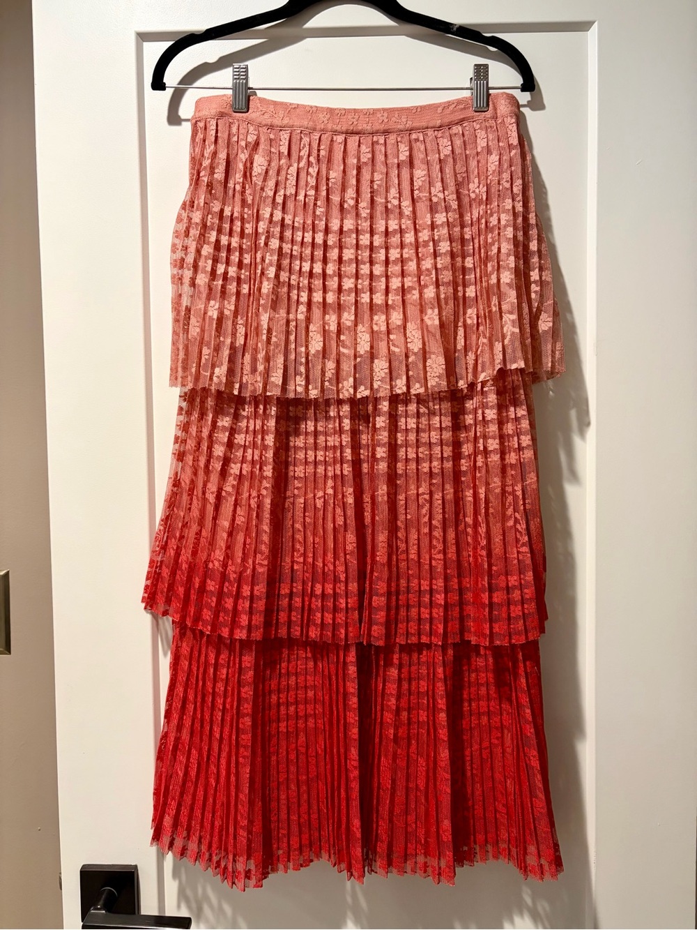 Anthropologie Ombre Pleated Lace Maxi Skirt in Coral to Red